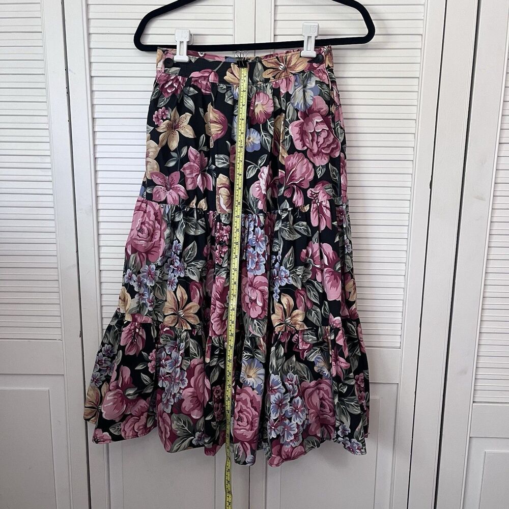 90's Vintage Full Skirt Cottagecore Country Retro Floral Black & Pinks Cotton